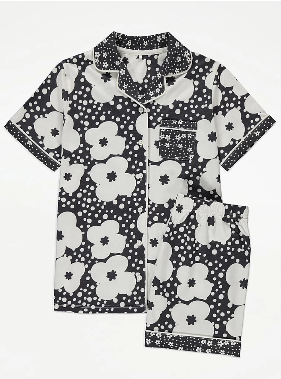 "George at Asda Kids' Mono Spot Flower Print Short Sleeve Pyjama Set"