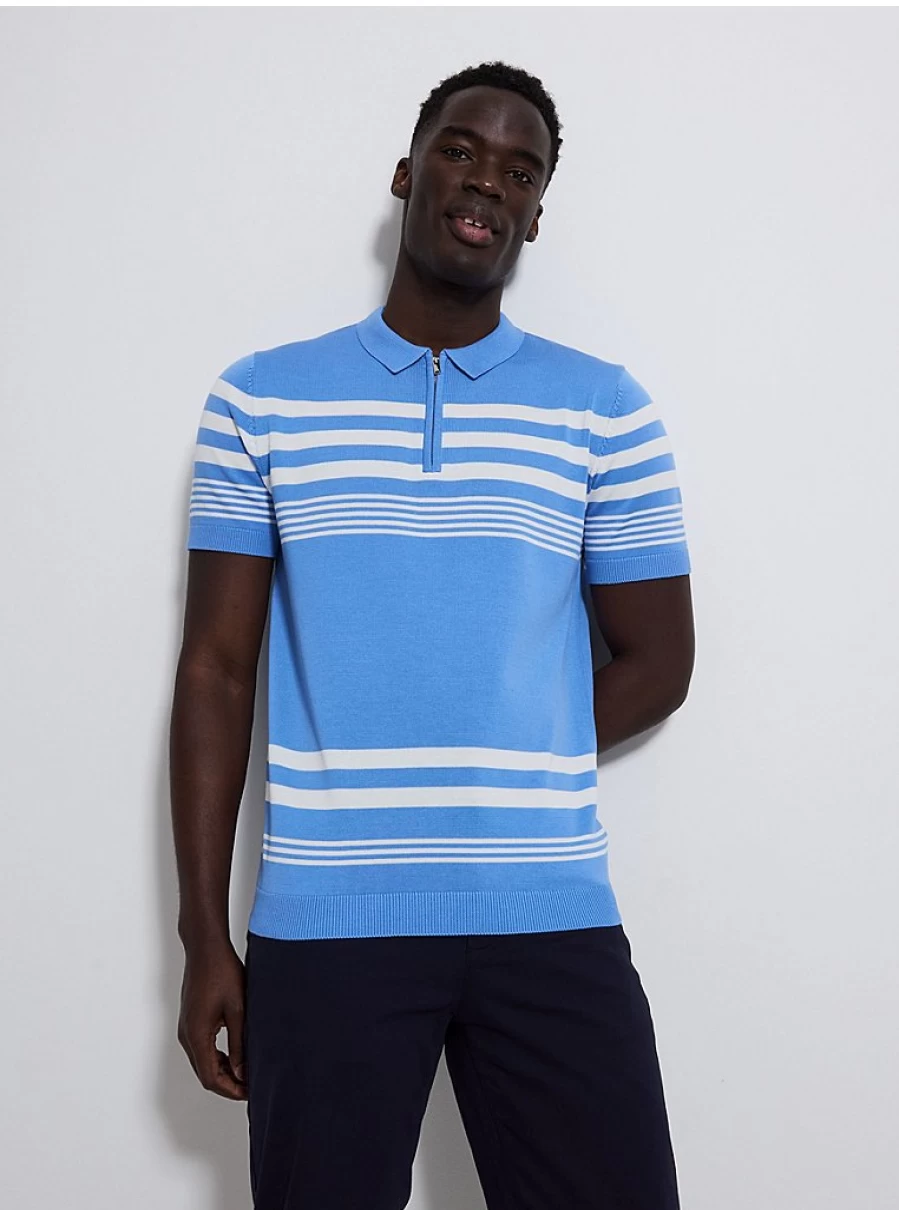 Men's Light Blue Striped Zip Neck Polo Shirt | George at Asda | Comfort Fit Casual Top