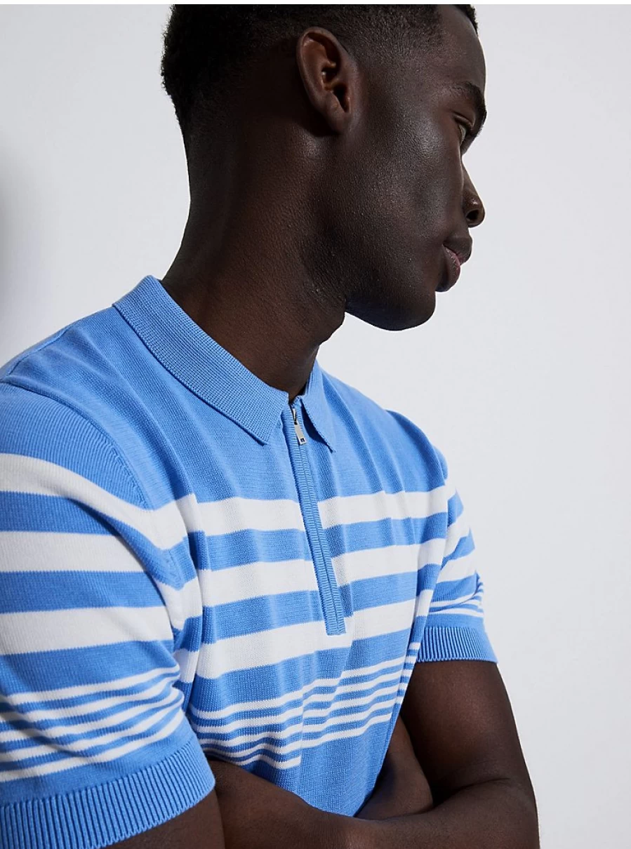 Men's Light Blue Striped Zip Neck Polo Shirt | George at Asda | Comfort Fit Casual Top