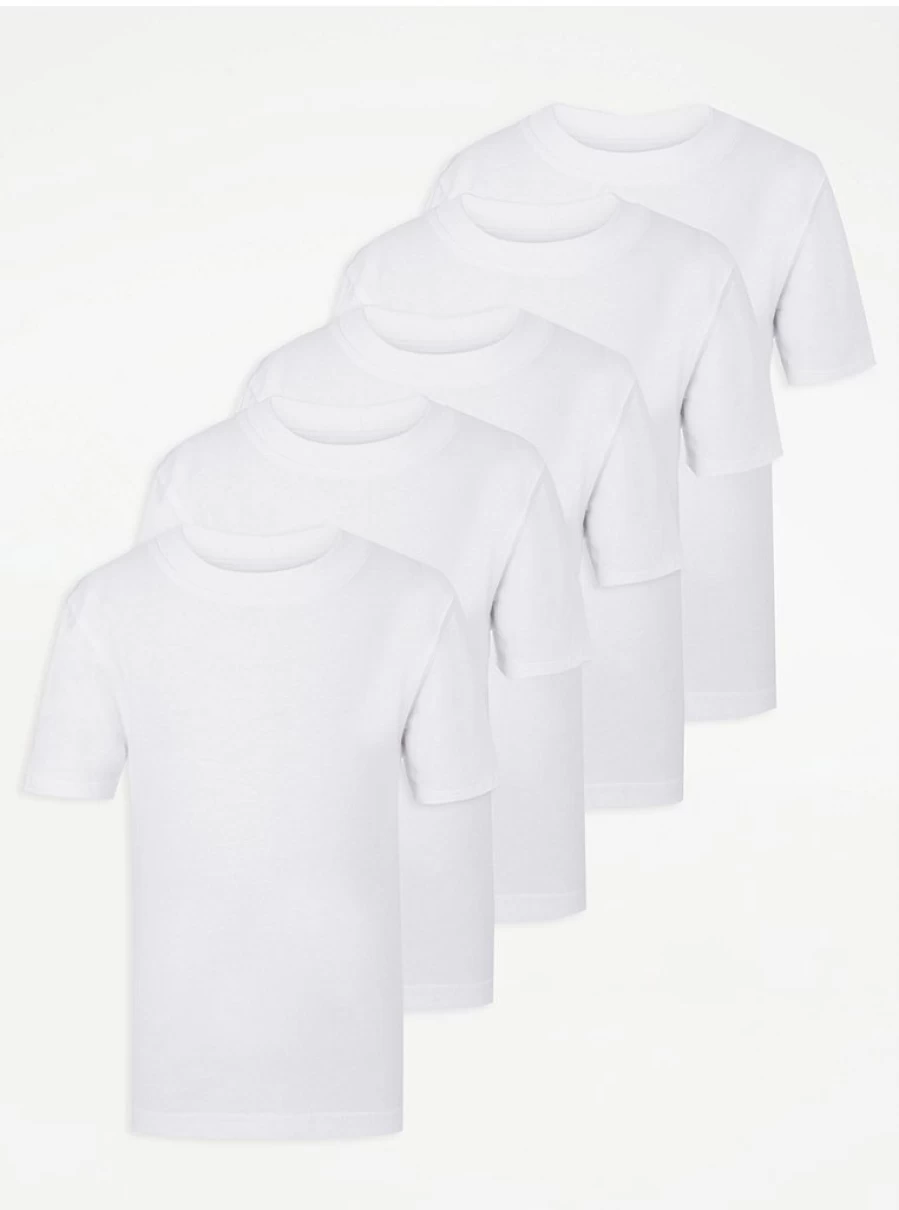 "George at Asda Boys' 5-Pack White Crew Neck School T-Shirts – Comfortable Uniform Essentials"
