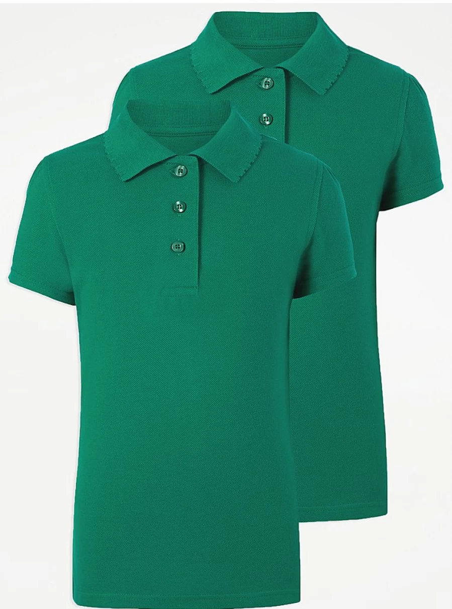 "George at Asda Girls' 2-Pack Jade Green Scallop Edge Short Sleeve School Polo Shirts"
