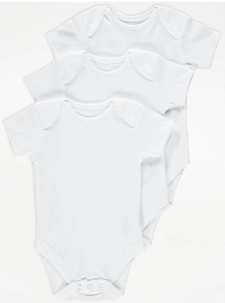 George at Asda Baby White Short Sleeve Bodysuits 3-Pack - Soft Cotton Infant Onesies