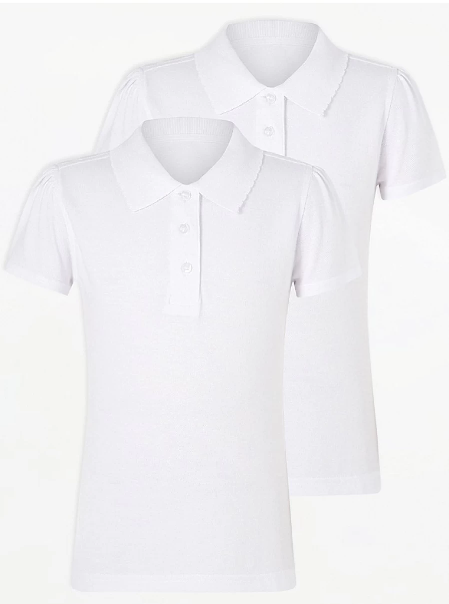 "George at Asda Girls' 2-Pack White Scallop Edge Short Sleeve Polo Shirts for School"