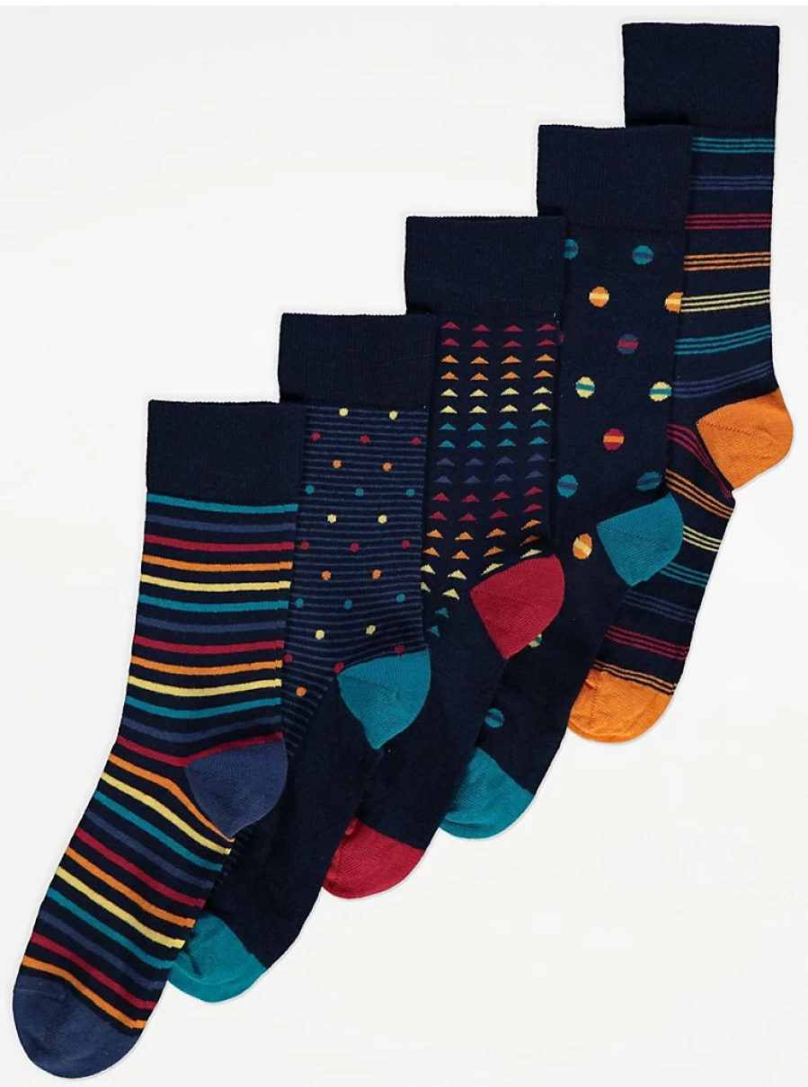 "George at Asda Men's Navy & Bright Stripe Ankle Socks - 5 Pack | Comfort & Style"