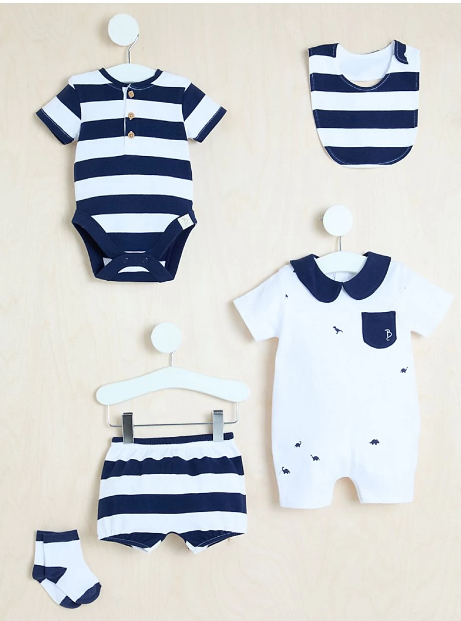 George at Asda Navy Blue Striped Dinosaur 5-Piece Baby Gift Set for Newborns & Infants