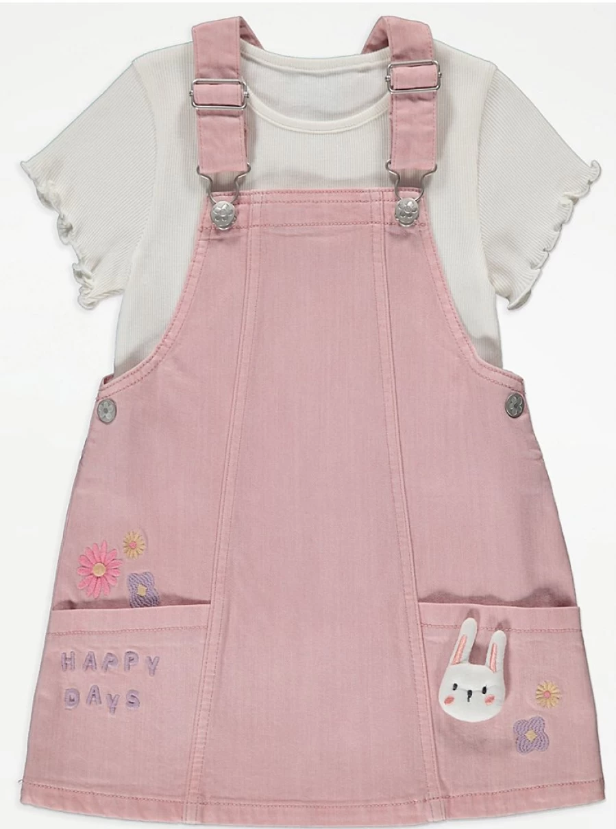 "George at Asda Girls' Bunny Denim Pinafore and Lettuce Trim T-Shirt Outfit Review"
