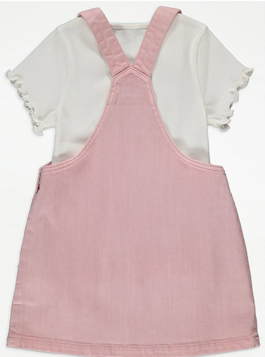 "George at Asda Girls' Bunny Denim Pinafore and Lettuce Trim T-Shirt Outfit Review"