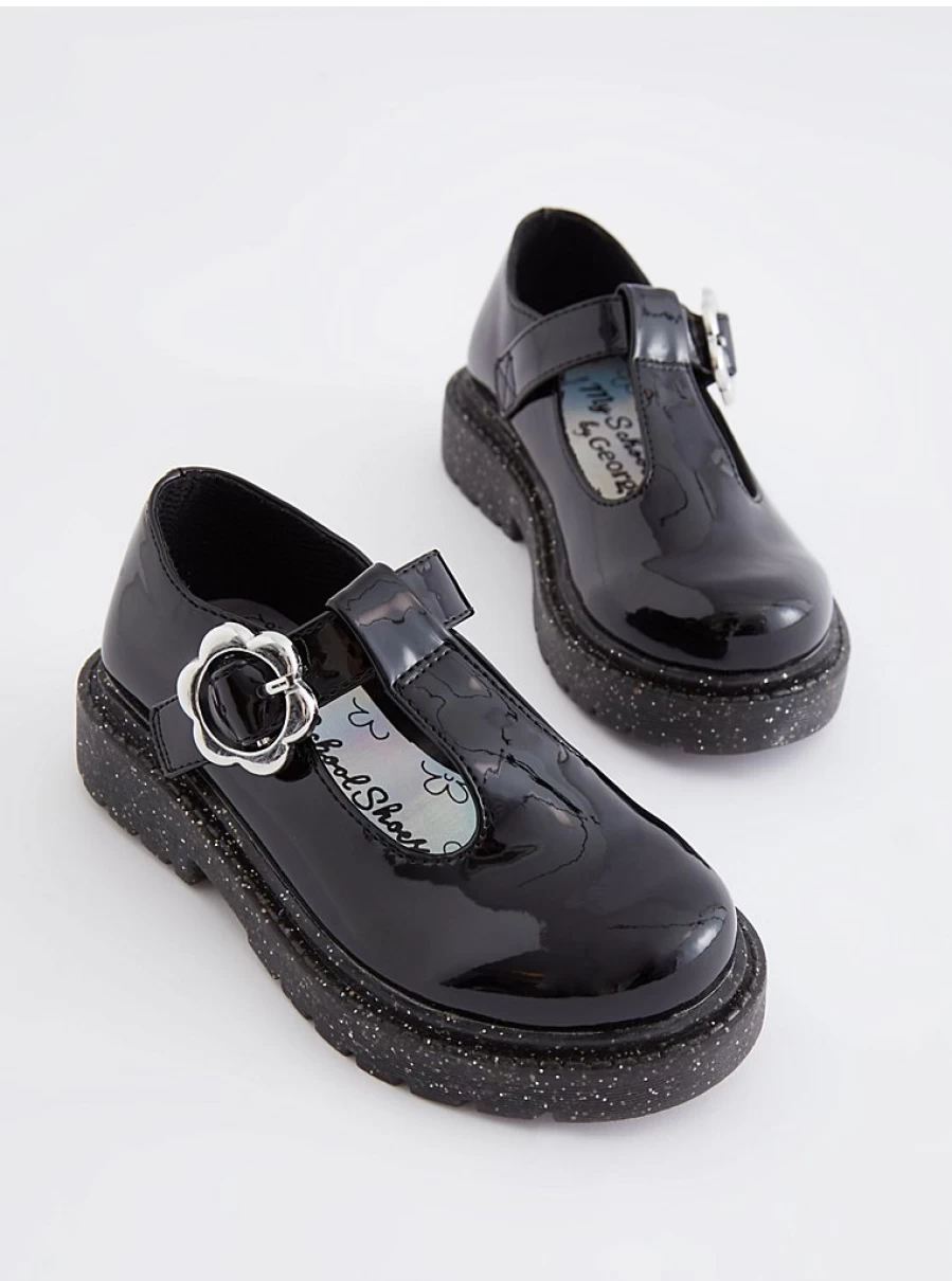 "George at Asda Black Glitter T-Bar School Shoes with Sparkly Sole | Girls' School Footwear"