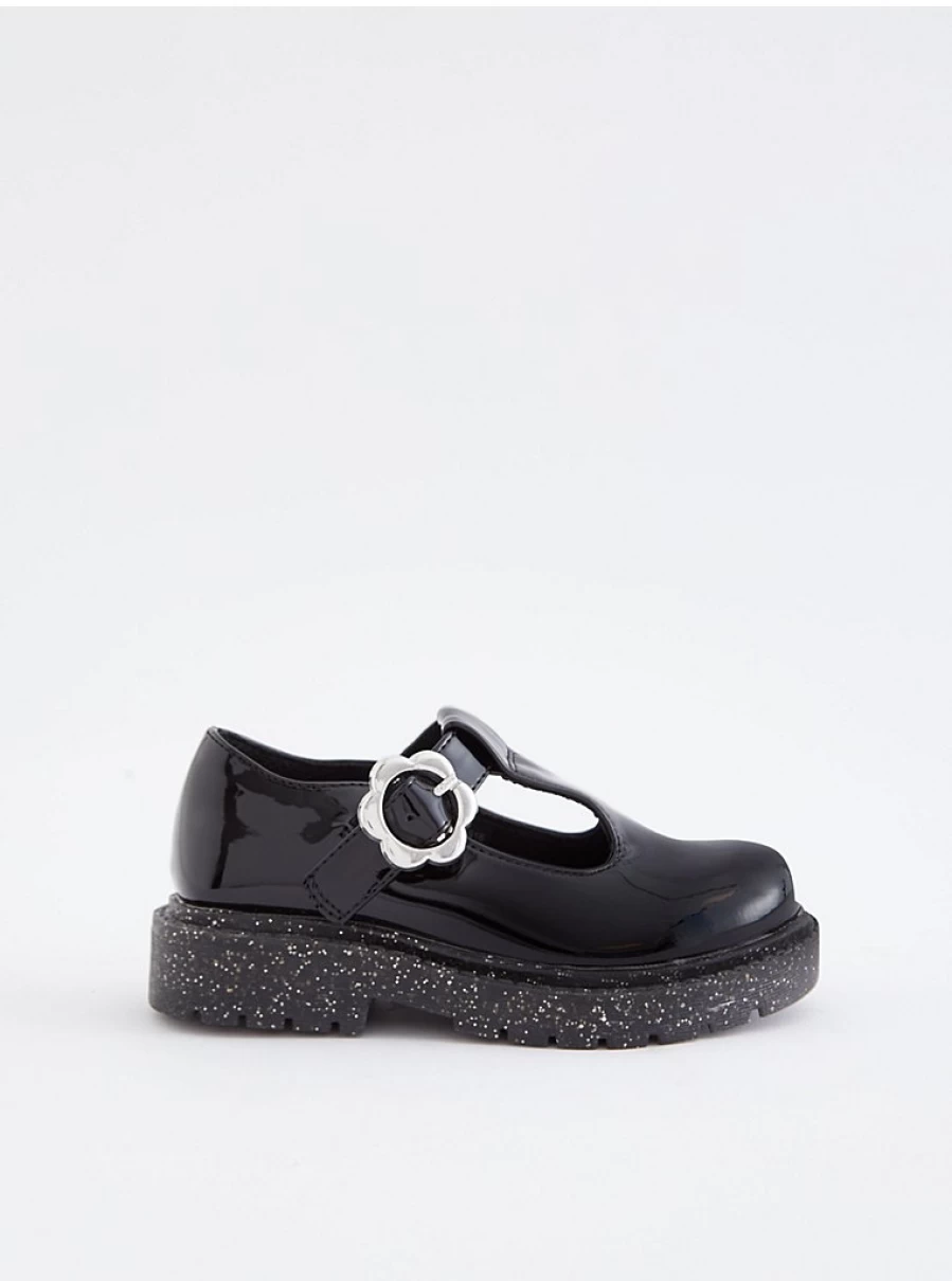 "George at Asda Black Glitter T-Bar School Shoes with Sparkly Sole | Girls' School Footwear"