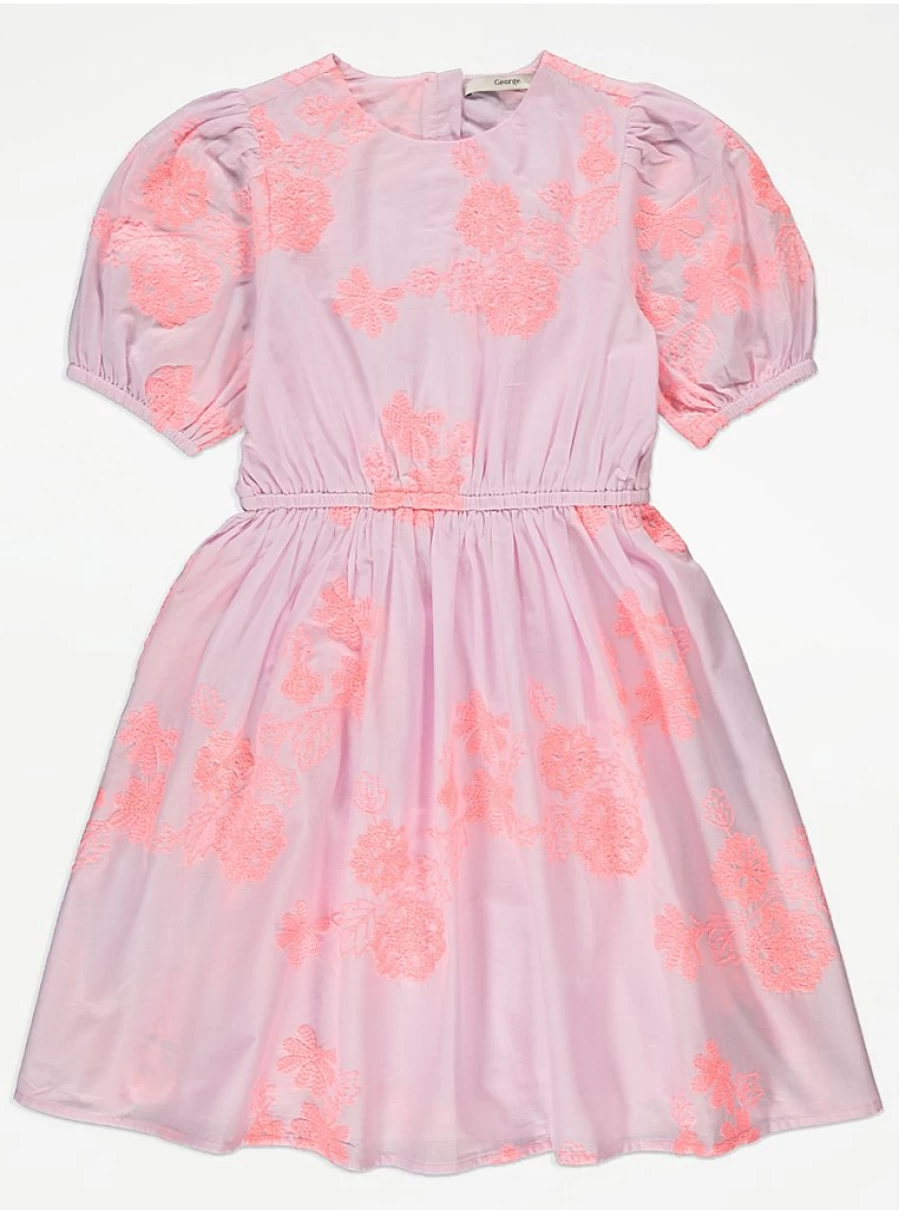 "George at Asda Girls Floral Embroidered Pink Puff Sleeve Dress Reviews"