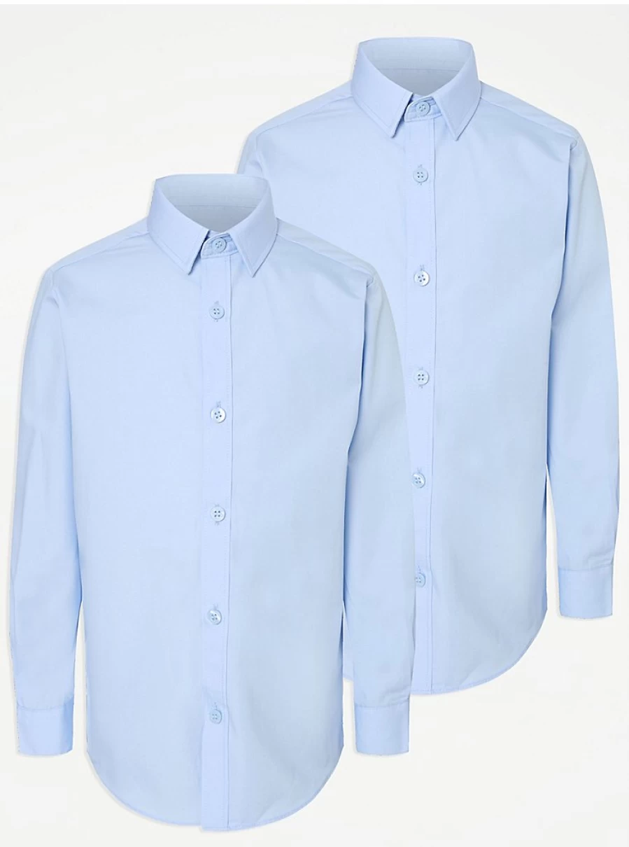 "George at Asda Boys' Light Blue Slim Fit Long Sleeve School Shirts 2-Pack – Comfortable & Stylish Uniform Essentials"