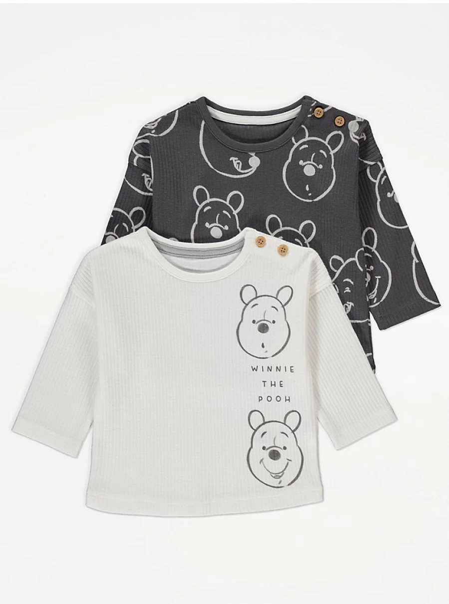 George at Asda Baby Winnie The Pooh 2-Pack Long Sleeve Ribbed Tops - Disney Licensed Comfort Wear