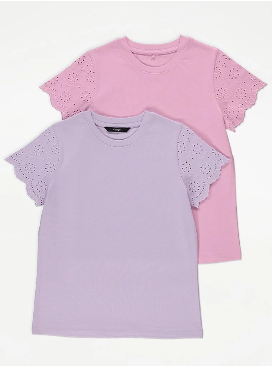 Girls' Broderie Lace Sleeve T-Shirts 2 Pack | George at Asda