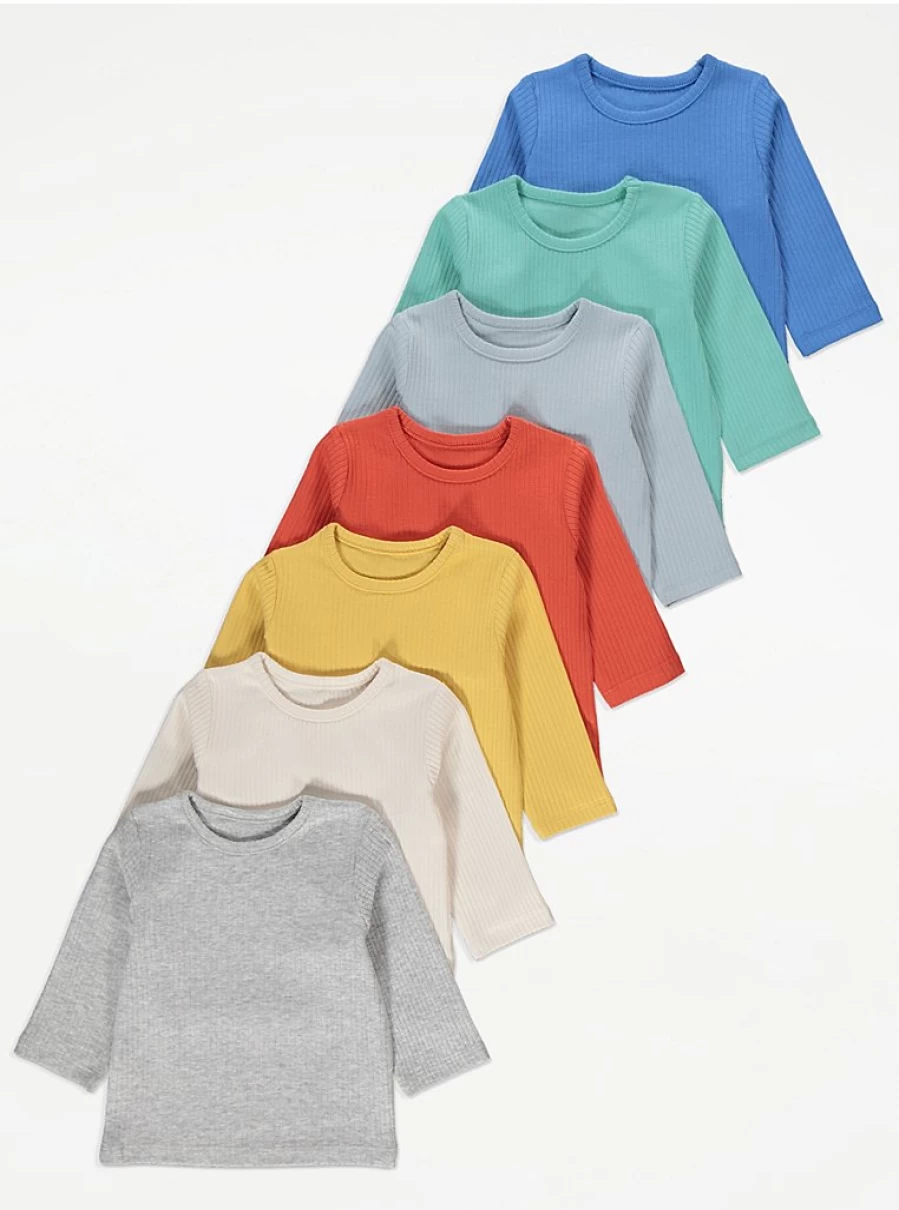 "George at Asda Baby Bright Ribbed Long Sleeve Tops 7-Pack – Soft & Comfortable Multipack"