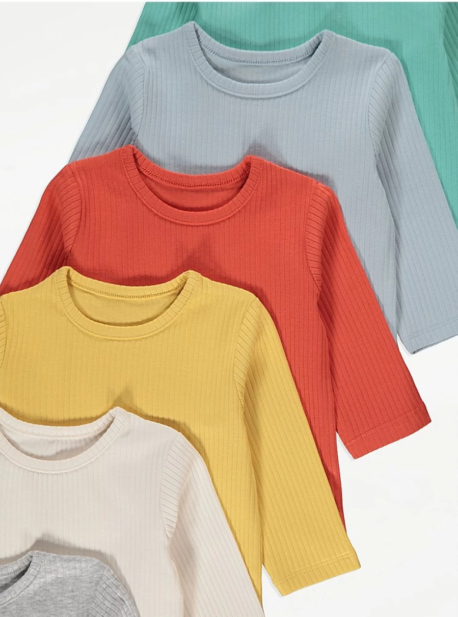 "George at Asda Baby Bright Ribbed Long Sleeve Tops 7-Pack – Soft & Comfortable Multipack"