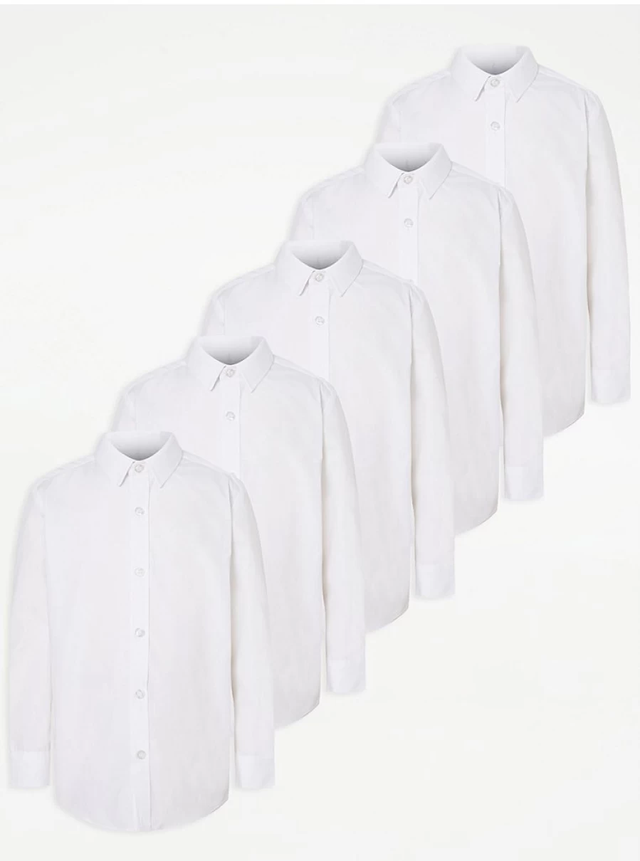 "George at Asda Boys' 5-Pack White Long Sleeve School Shirts for Kids – Comfortable Uniform Essentials"