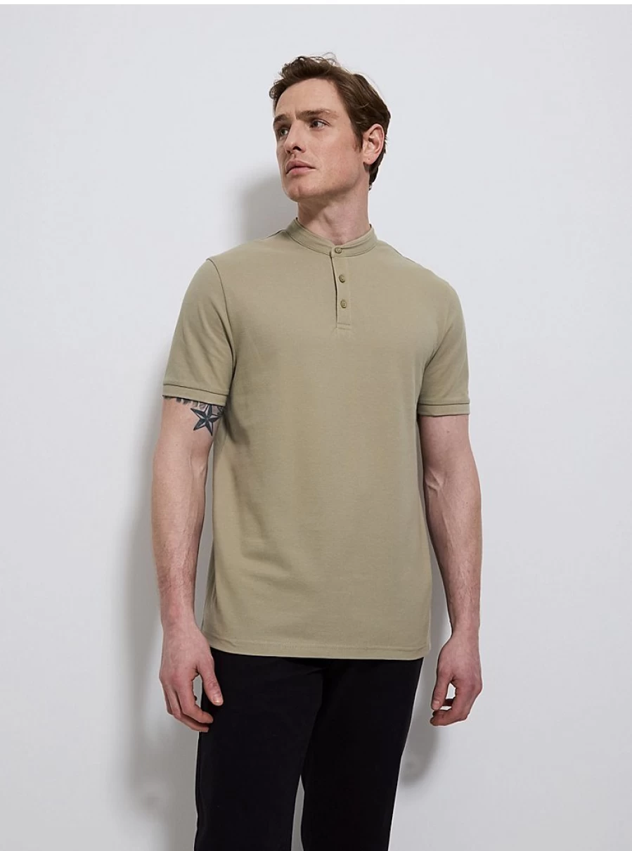 "Men's Light Khaki Grandad Collar Short Sleeve Shirt | George at Asda"