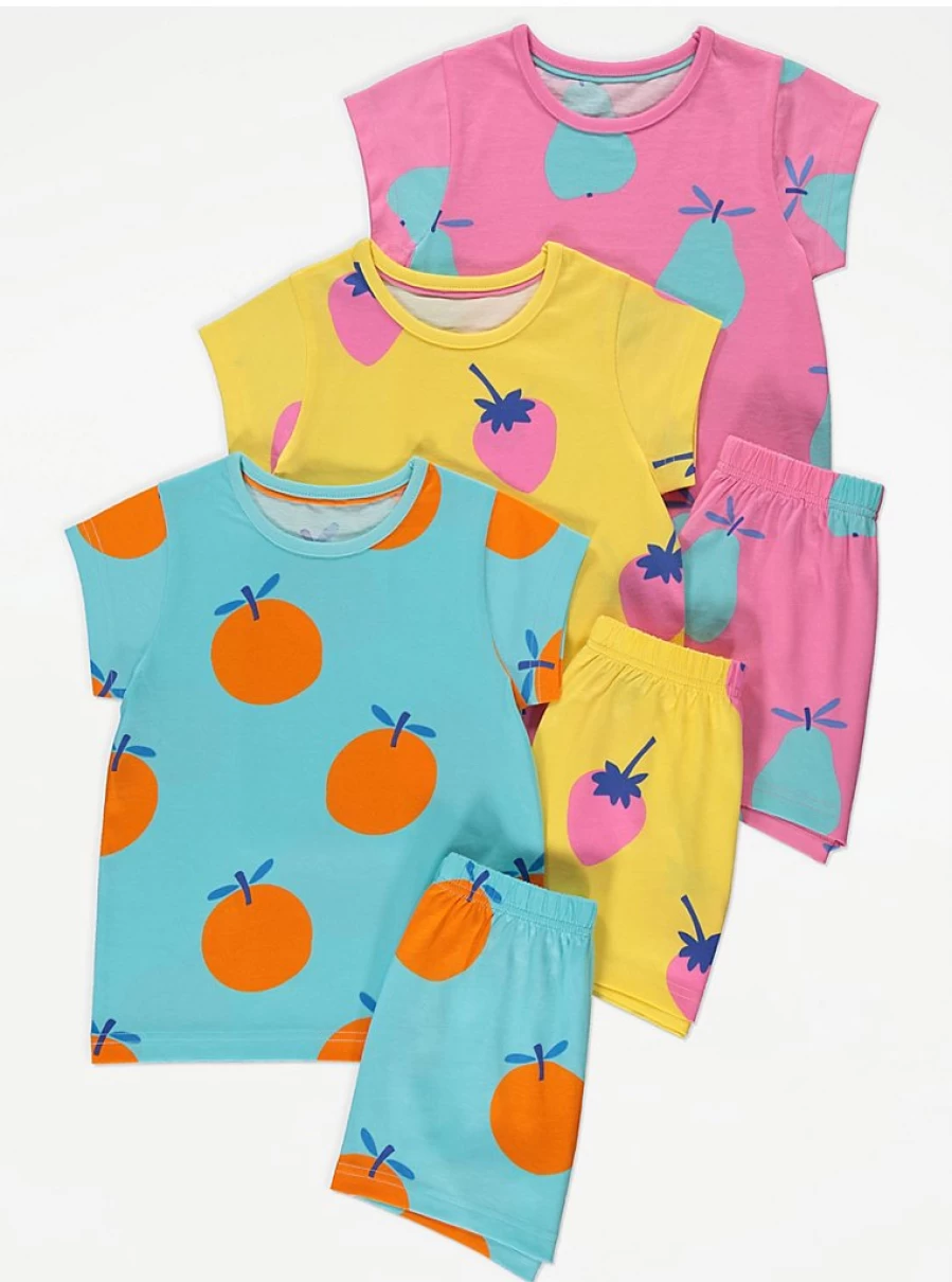 Girls' Bright Fruit Print Short Pyjamas 3-Pack | George at Asda | Comfortable Kids' Sleepwear