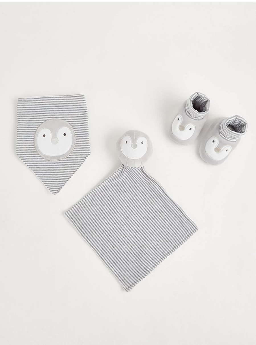 "George at Asda Grey Penguin Print Baby Dribble Bib, Comforter & Booties Set – Soft & Adorable"