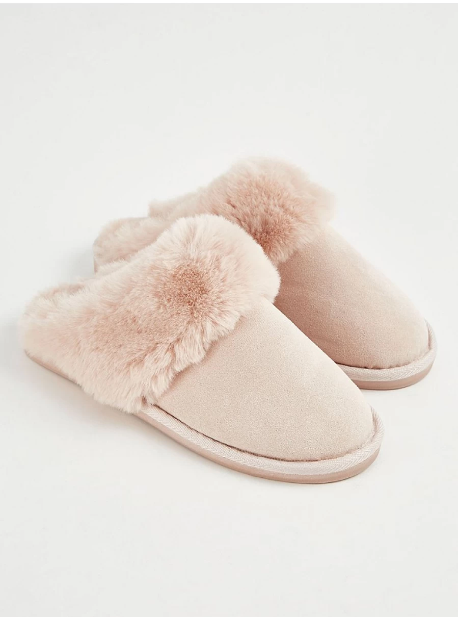 "George at Asda Light Pink Suedette Mule Slippers with Fur Trim – Comfort & Style"