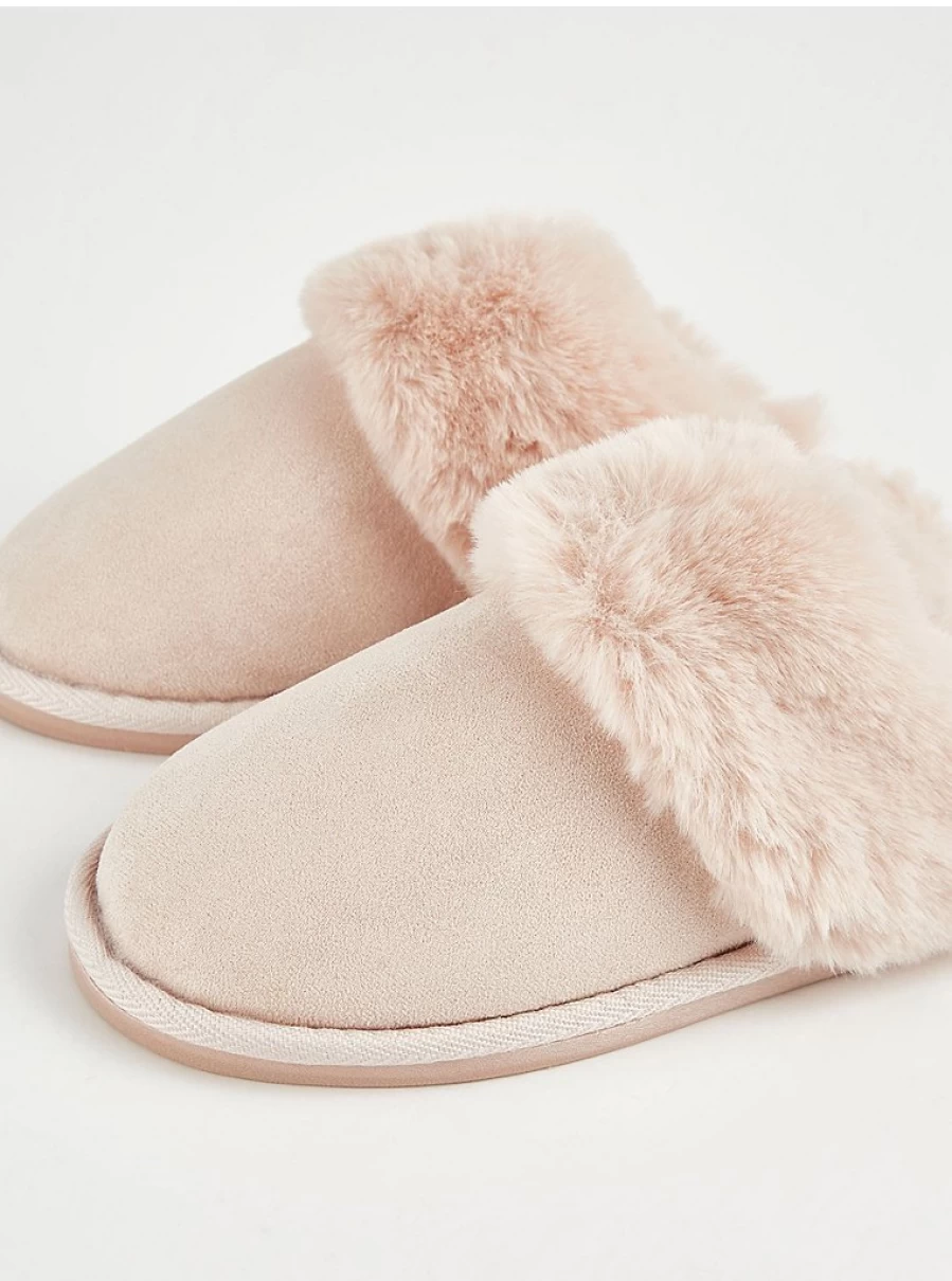 "George at Asda Light Pink Suedette Mule Slippers with Fur Trim – Comfort & Style"