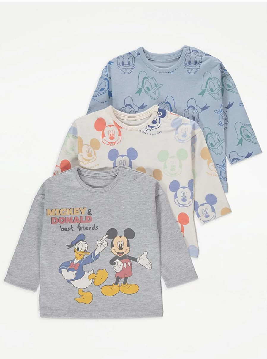 George at Asda Baby Boys & Girls Disney Mickey & Donald 3-Pack Long Sleeve Tops Set