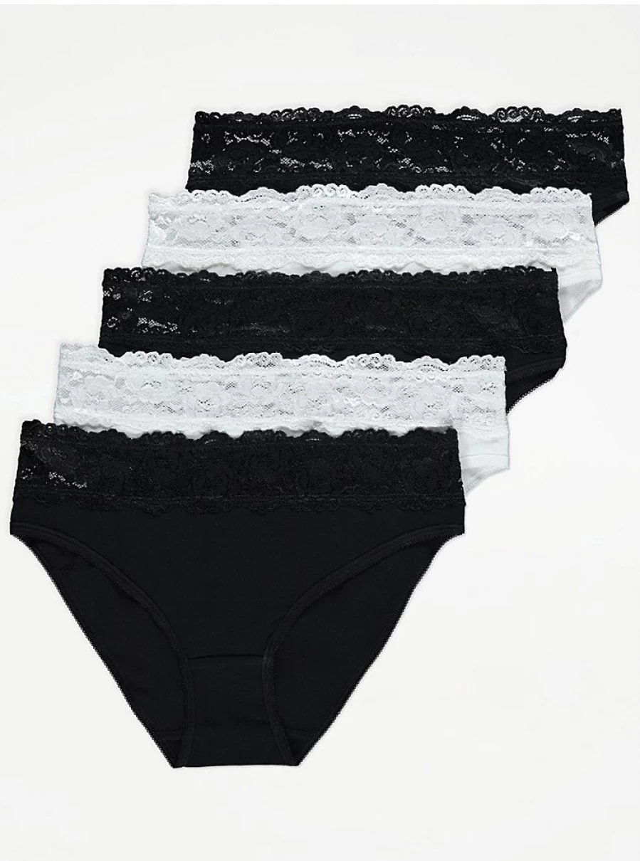 "George at Asda Black Lace Trim High Leg Knickers 5-Pack | Women's Lingerie Set"