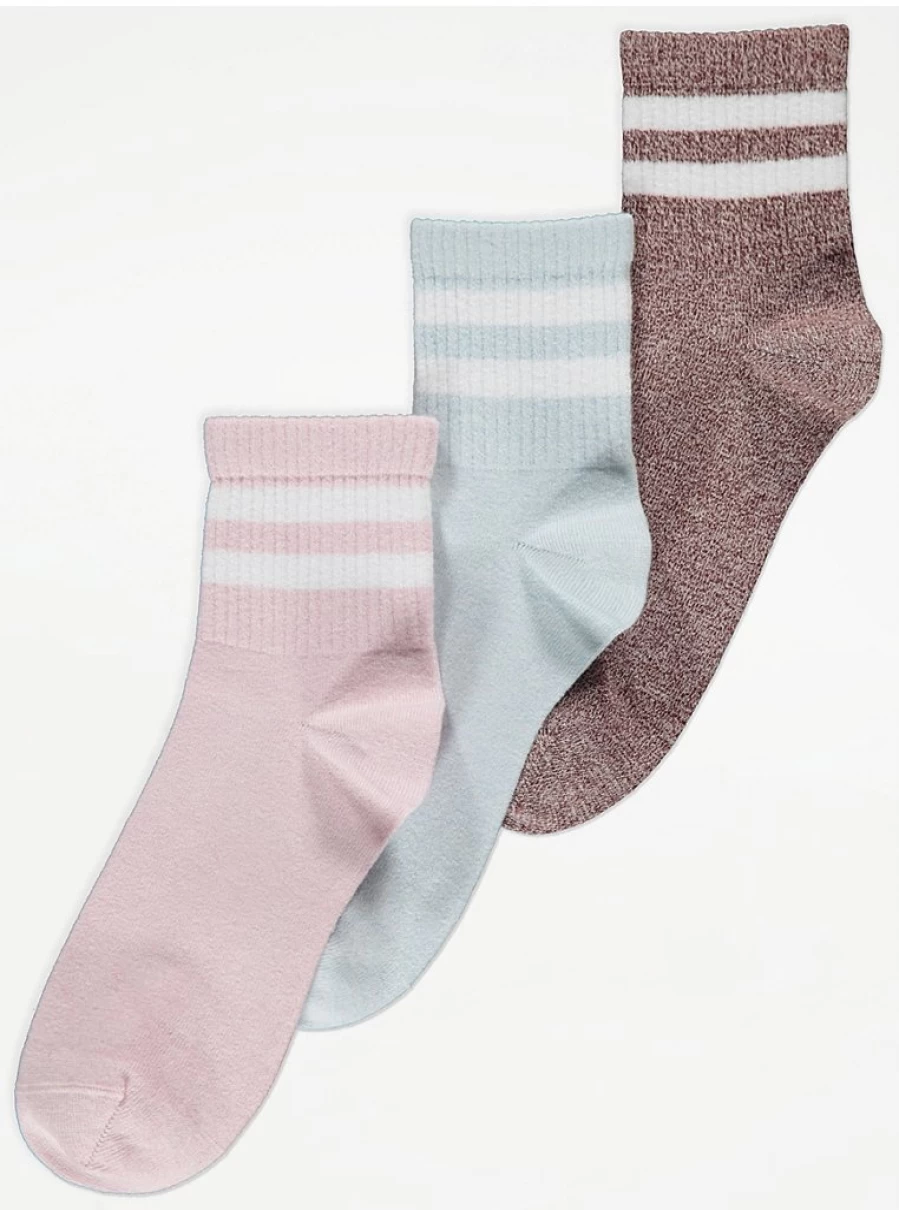 Pastel Dual Stripe Ribbed Sports Socks 3 Pack - George at Asda Soft Comfortable Athletic Socks for Women & Men