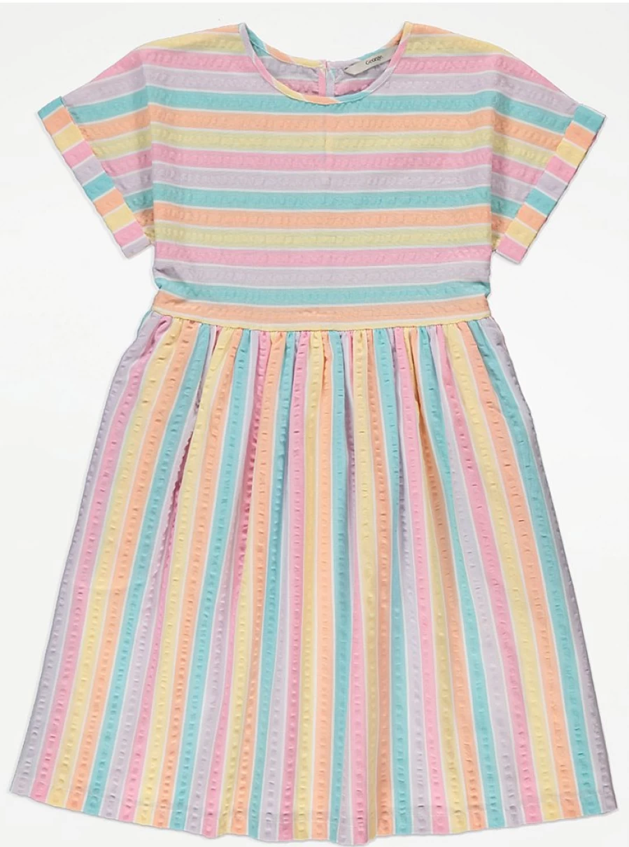 Girls' Rainbow Striped Crinkle Short Sleeve Dress by George at Asda | Kids' Fashion Review