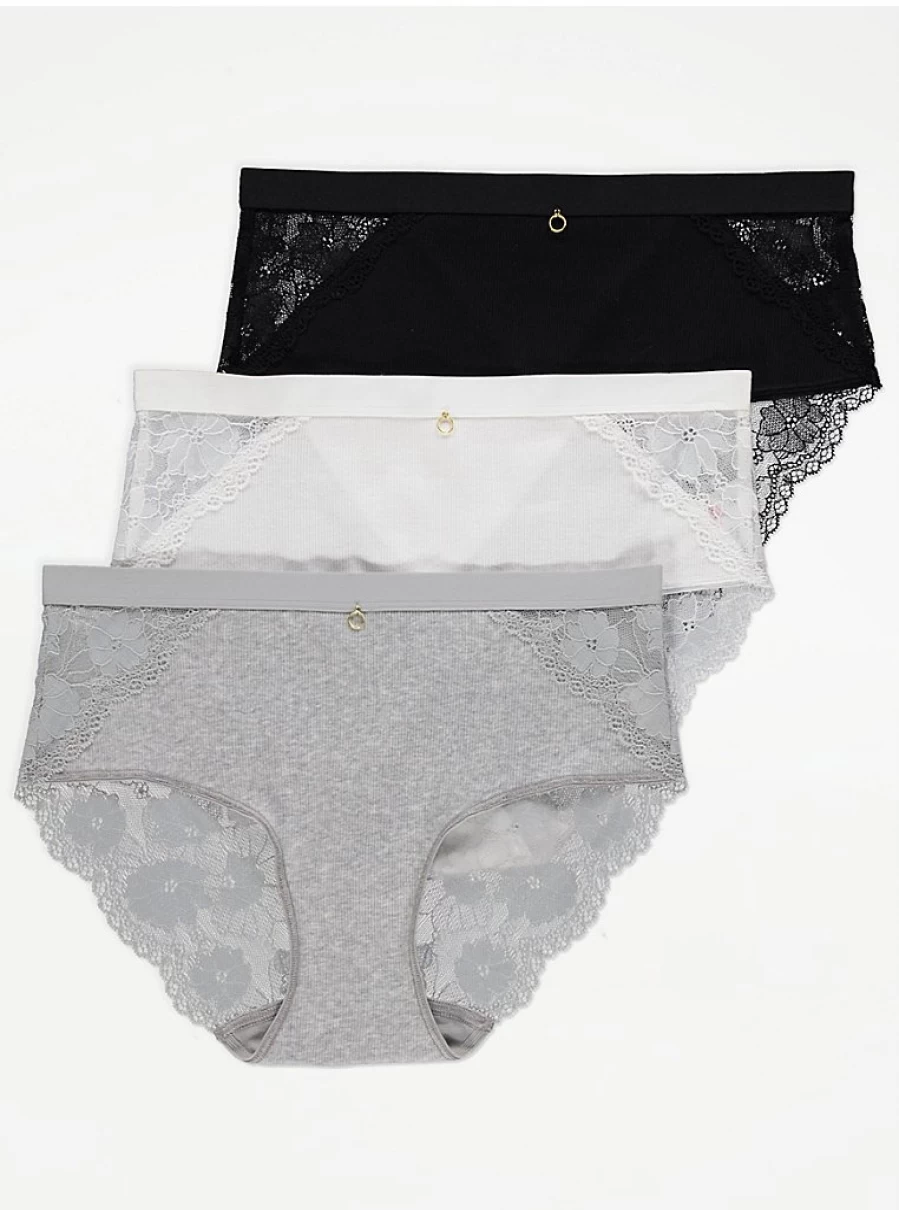 "George at Asda Ribbed Lace Trim Midi Knickers 3-Pack | Comfortable Women's Underwear Set"