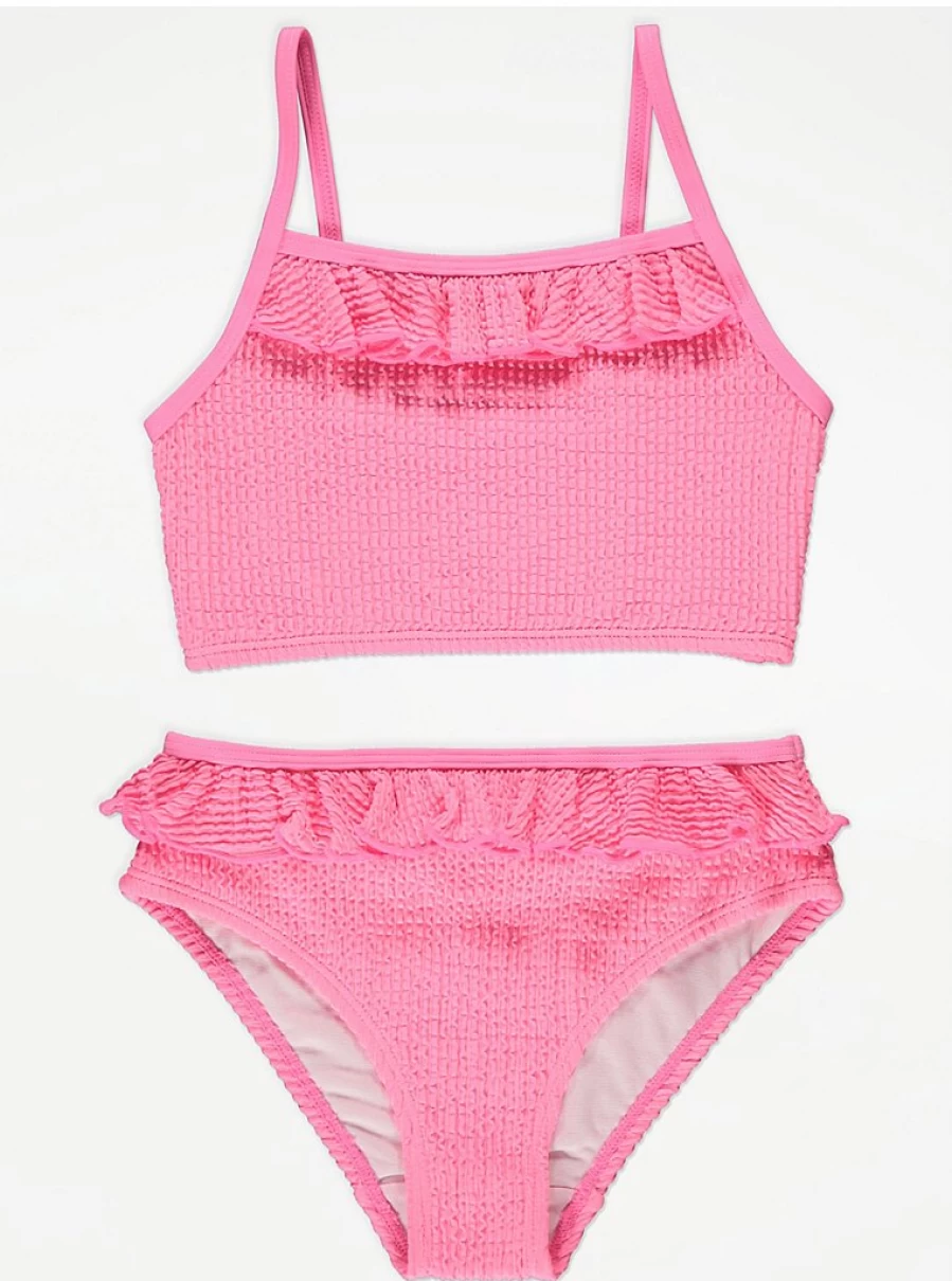 Girls Pink Crinkle Frill Bikini | George at Asda Swimwear for Kids