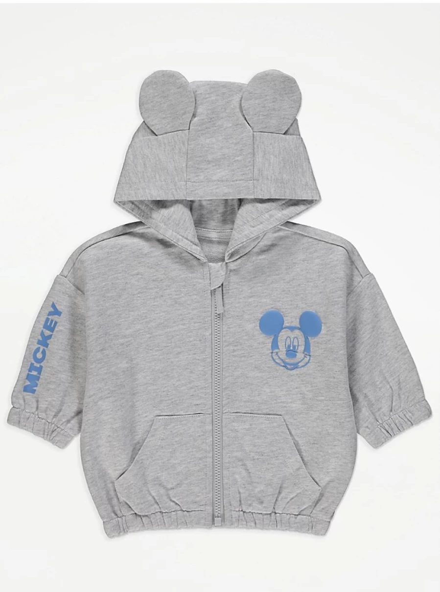 George at Asda Boys Mickey Mouse Grey Zip Up Hoodie | Disney Character Fleece Jacket for Kids