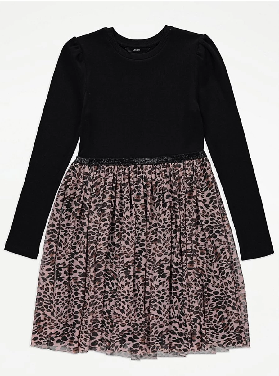 "George at Asda Girls Black Ribbed Leopard Print Long Sleeve Dress Reviews"