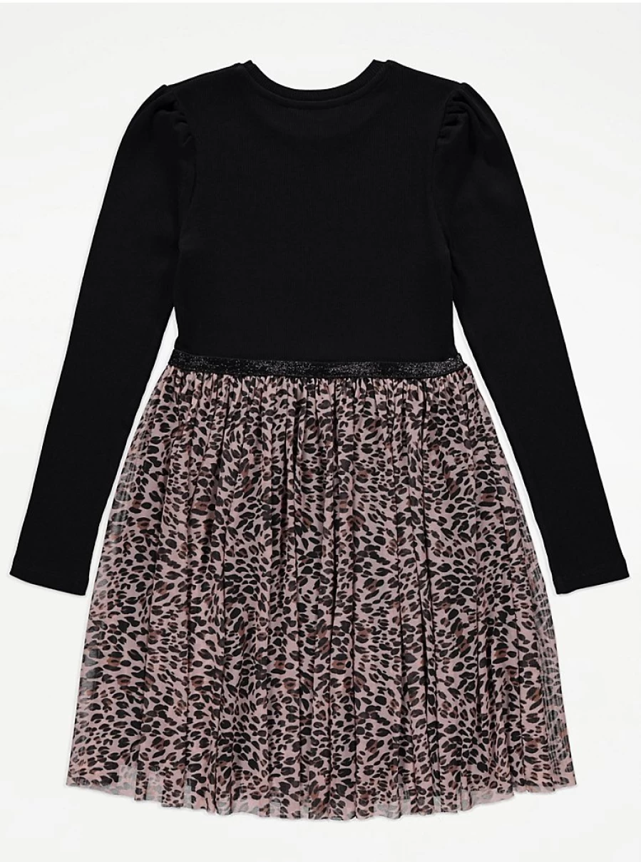 "George at Asda Girls Black Ribbed Leopard Print Long Sleeve Dress Reviews"