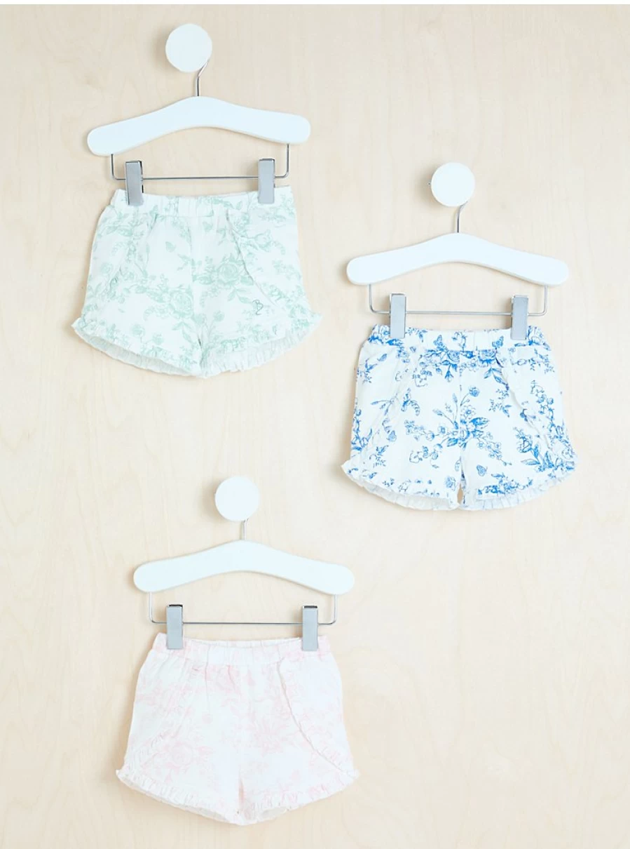 George at Asda Girls' Floral Frill Shorts 3-Pack - Comfortable Summer Play Shorts for Toddlers & Kids
