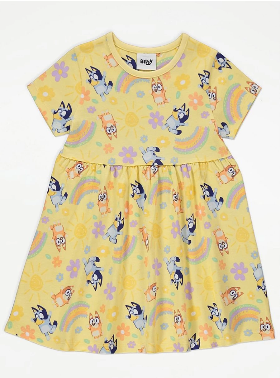 "George at Asda Girls' Bluey Character Yellow T-Shirt Dress | Kids' Cartoon Outfit"