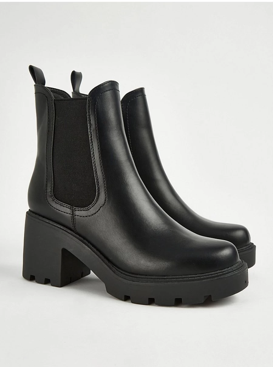 Women's Black Faux Leather Pull-On Heeled Ankle Boots | George at Asda
