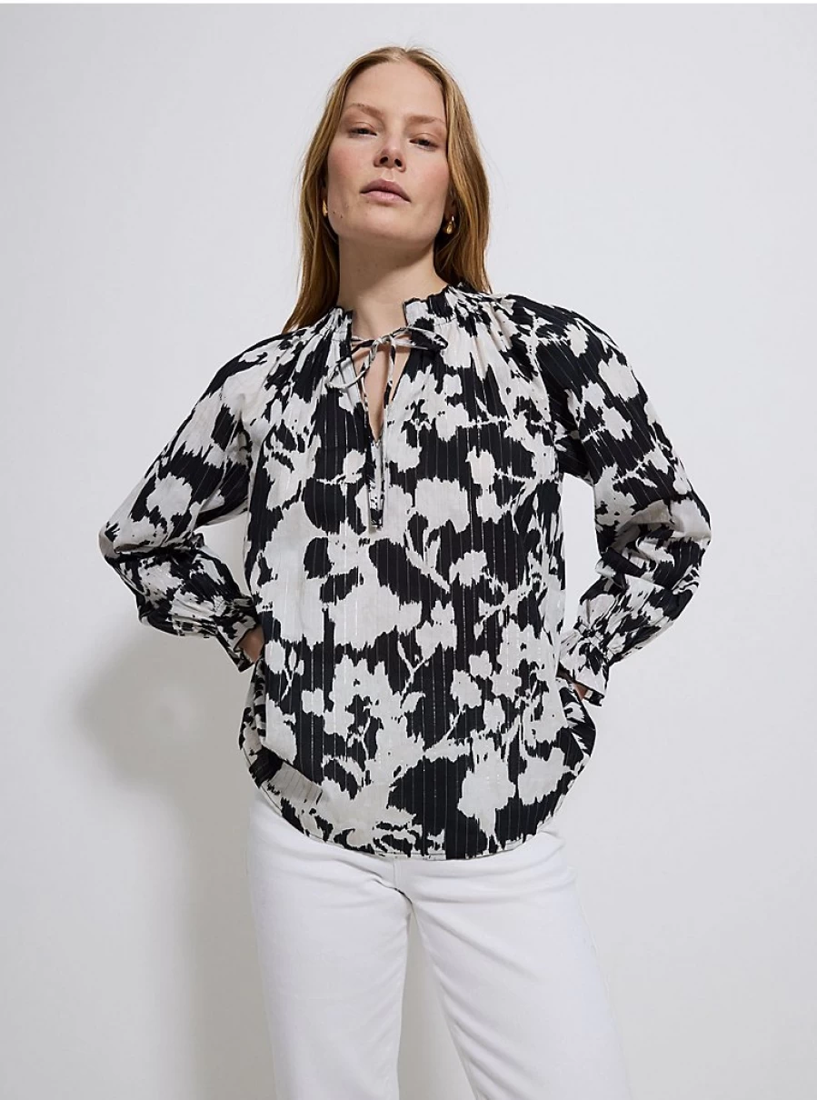 "George at Asda Women's Black Floral Keyhole Blouse with Shimmer Stripe Details"