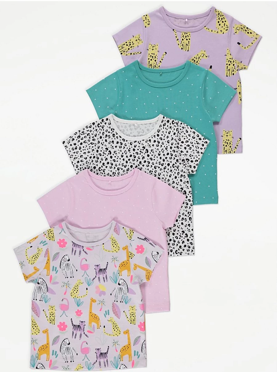 George at Asda Girls' Safari Animal T-Shirts 5 Pack - Cute Kids' Tee Set with Wild Animal Prints