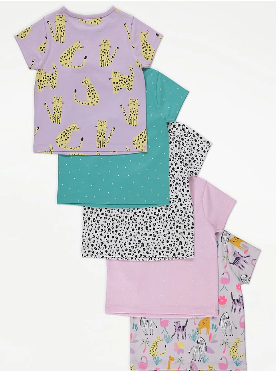 George at Asda Girls' Safari Animal T-Shirts 5 Pack - Cute Kids' Tee Set with Wild Animal Prints