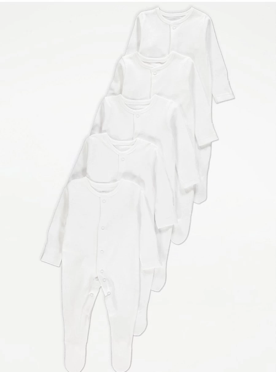"George at Asda Baby White Long Sleeve Sleepsuits 5-Pack | Soft Cotton Pajamas for Infants"