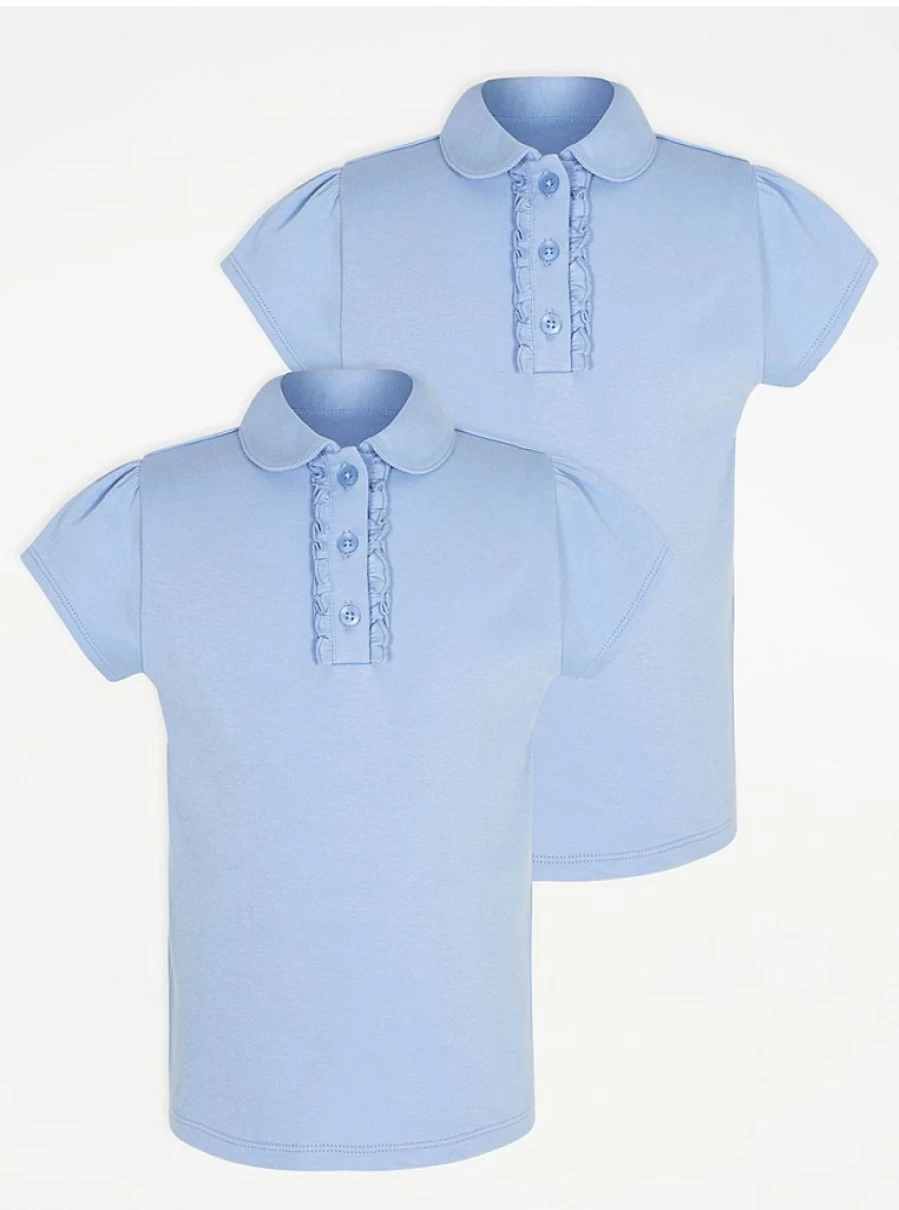 2 Pack Girls' Light Blue Ruffle Detail Polo Shirts for School | George at Asda