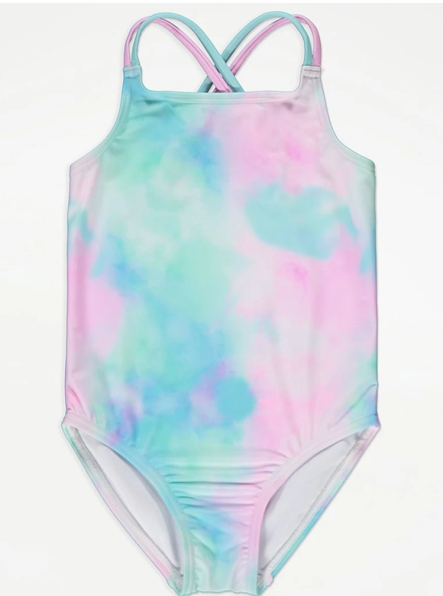 "Girls Pastel Tie-Dye Cross Back Swimsuit | George at Asda Kids Swimwear"