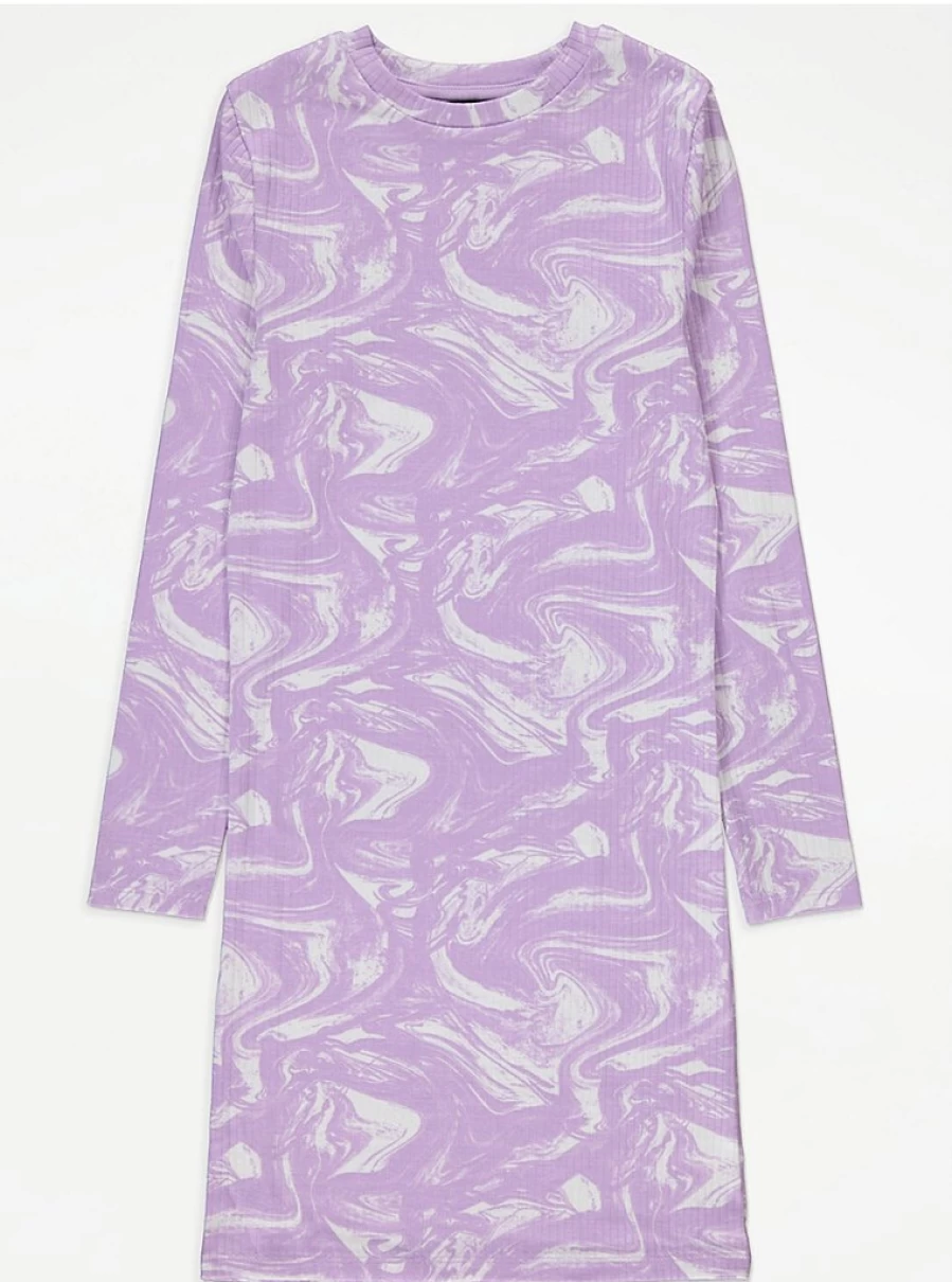"George at Asda Girls Lilac Marble Print Ribbed Long Sleeve Dress Reviews"