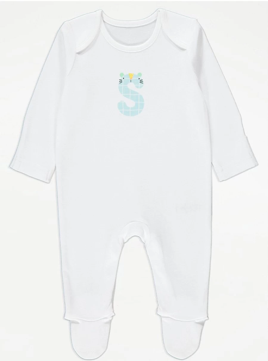 George at Asda Baby White Animal Letter S Sleepsuit - Soft Cotton Sleepwear for Infants