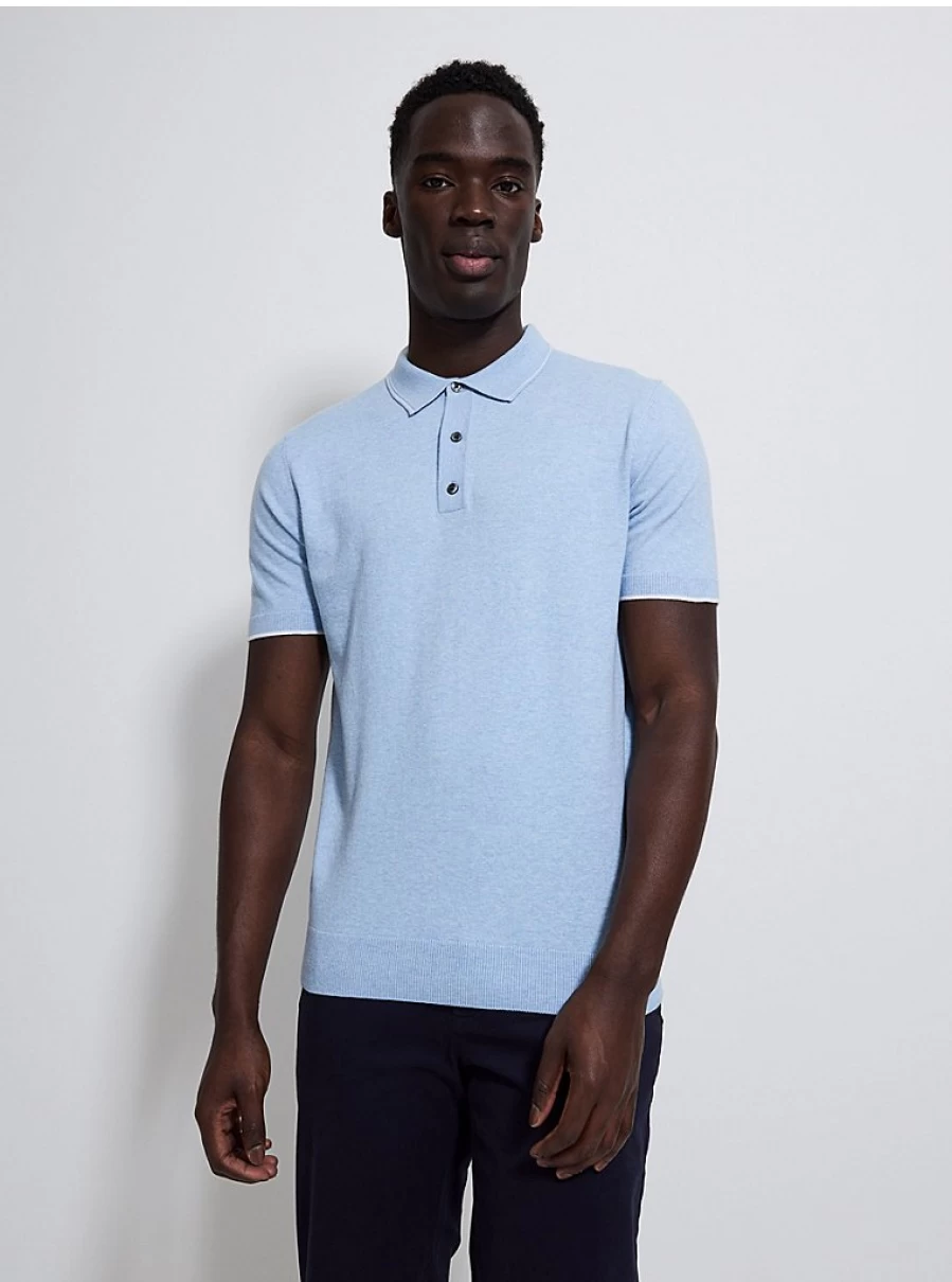 Men's Light Blue Short Sleeve Knitted Polo Shirt | George at ASDA