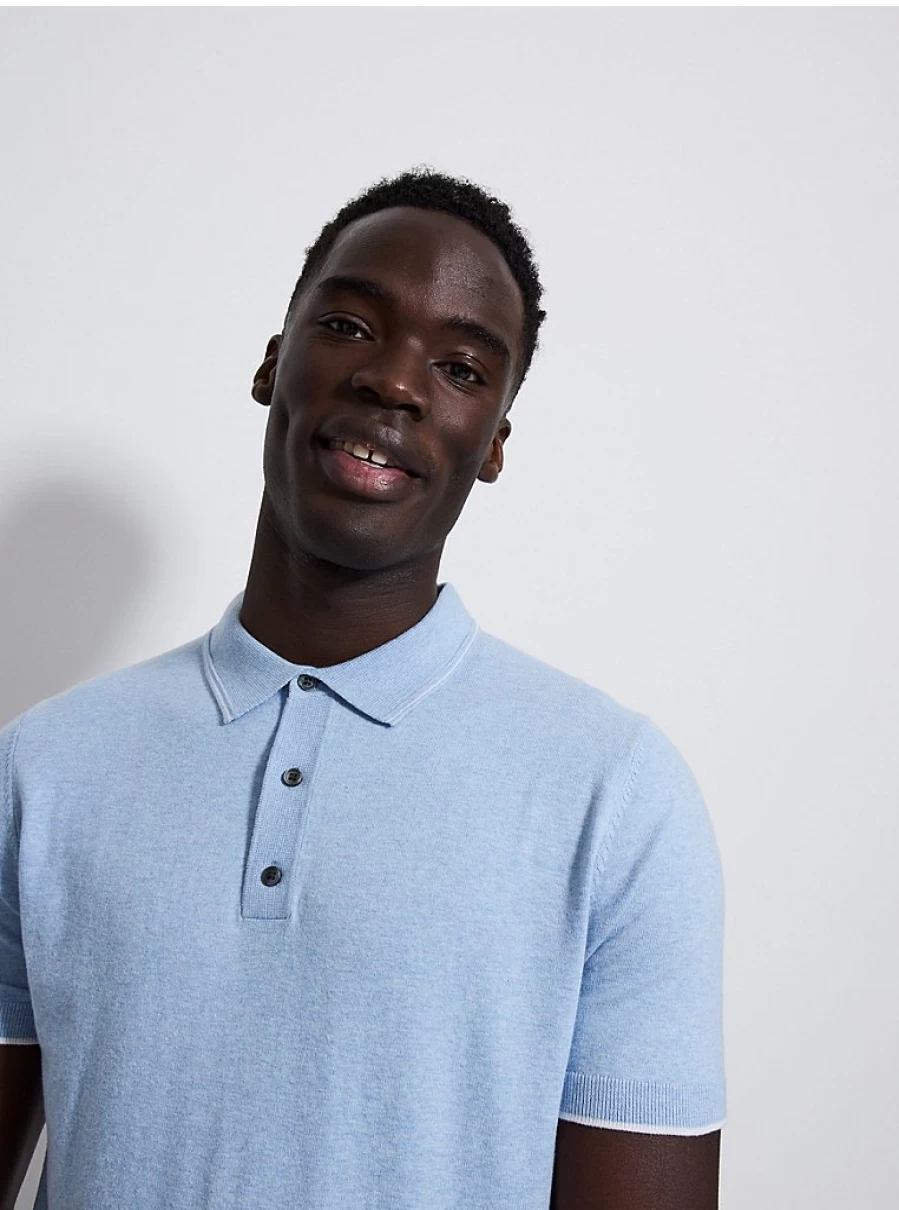 Men's Light Blue Short Sleeve Knitted Polo Shirt | George at ASDA