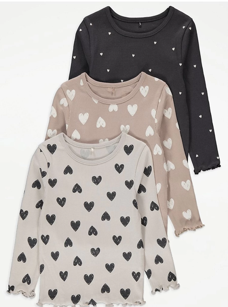 Girls' Heart Print Ribbed Long Sleeve Tops 3-Pack | George at Asda