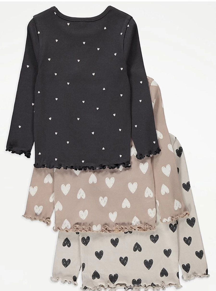 Girls' Heart Print Ribbed Long Sleeve Tops 3-Pack | George at Asda