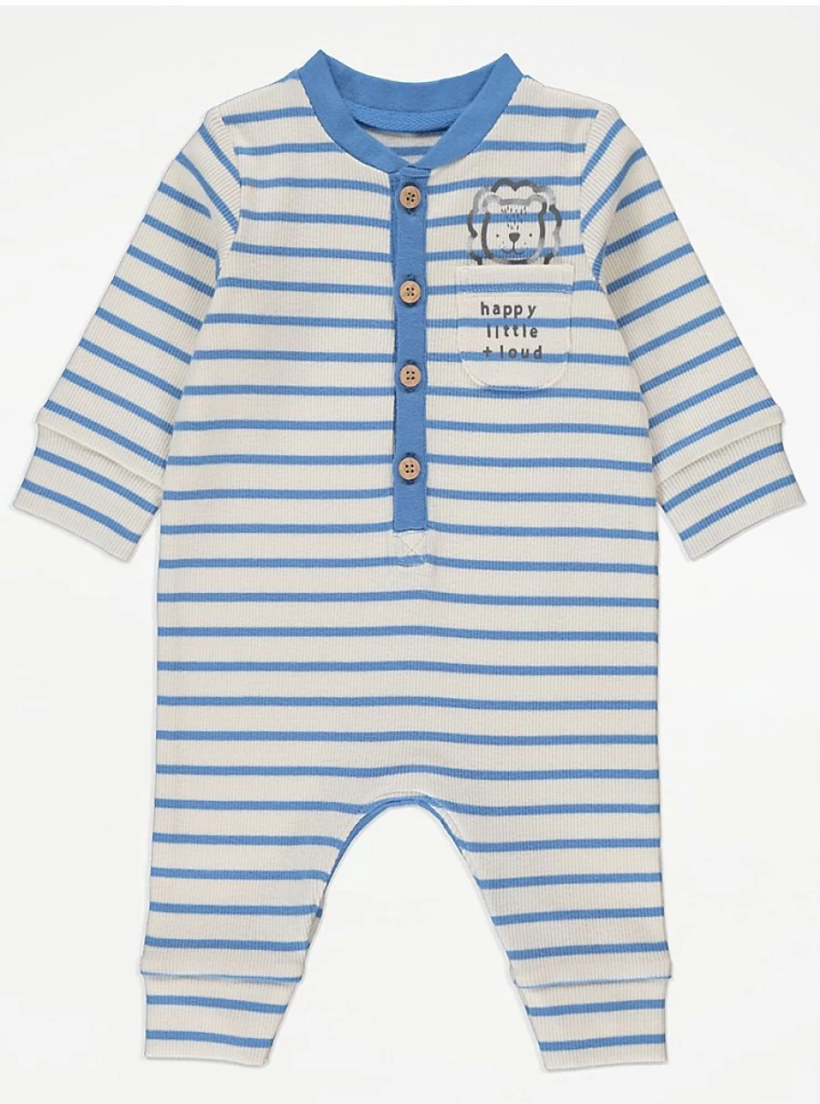 "George at Asda Boys' Blue Striped Lion Ribbed Baby All-in-One Romper Reviews"